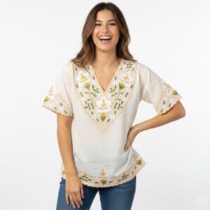 Vintage Floral Embroidered Top Short Sleeve Shirt Mexico Ethnic Yellow Cream